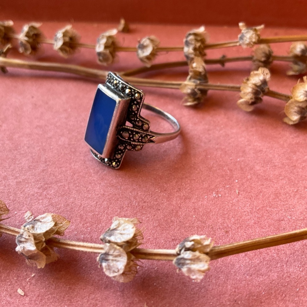VNTG Blue Chalcedony and Hematite Sterling Ring - Picture 3 of 7